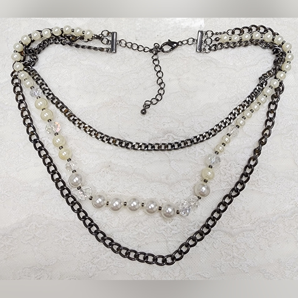 Multi-Strand Necklace With Gunmetal Chains, Glass Crystal Beads And Faux Pearls